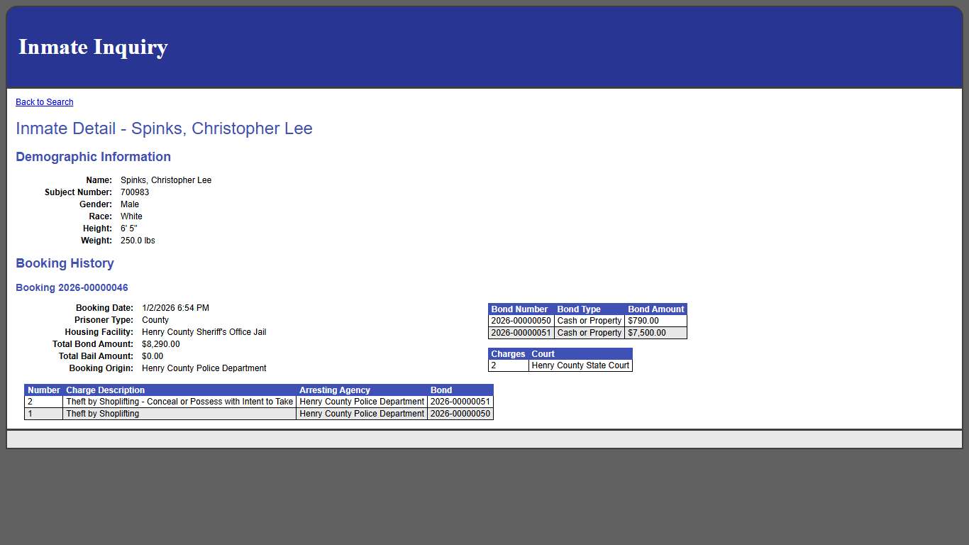 Inmate Detail - Spinks, Christopher Lee