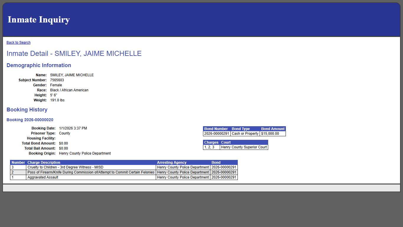 Inmate Detail - SMILEY, JAIME MICHELLE